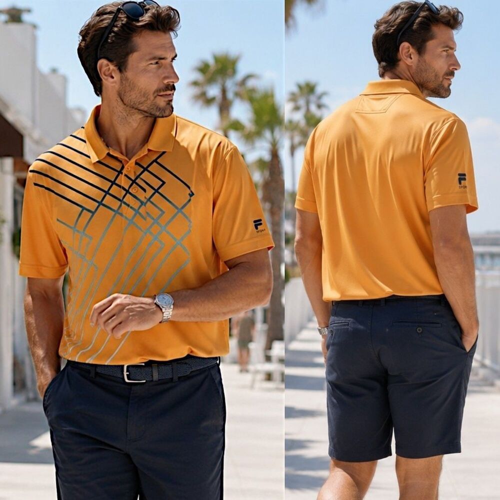 FILA Sport XL Golf Polo Top Orange Geometric Resortwear Prep Performance Active